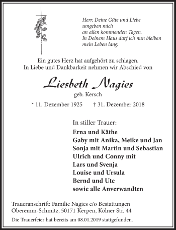 Anzeige von Liesbeth Nagies von  Sonntags-Post 