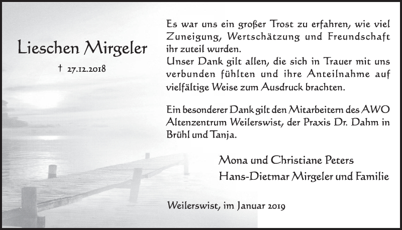  Traueranzeige für Lieschen Mirgeler vom 26.01.2019 aus  Schlossbote/Werbekurier 