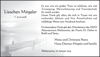 Anzeige von Lieschen Mirgeler von  Schlossbote/Werbekurier 