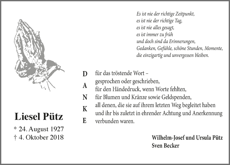  Traueranzeige für Liesel Pütz vom 23.01.2019 aus  Schaufenster/Blickpunkt 