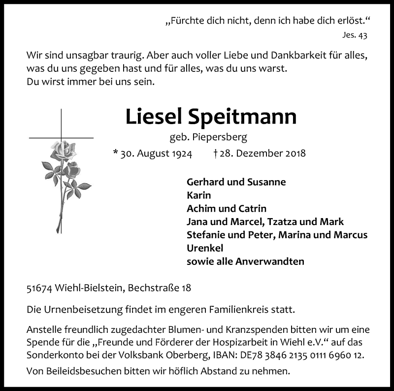  Traueranzeige für Liesel Speitmann vom 03.01.2019 aus Kölner Stadt-Anzeiger / Kölnische Rundschau / Express