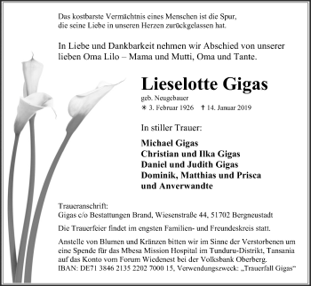 Anzeige von Lieselotte Gigas von Kölner Stadt-Anzeiger / Kölnische Rundschau / Express