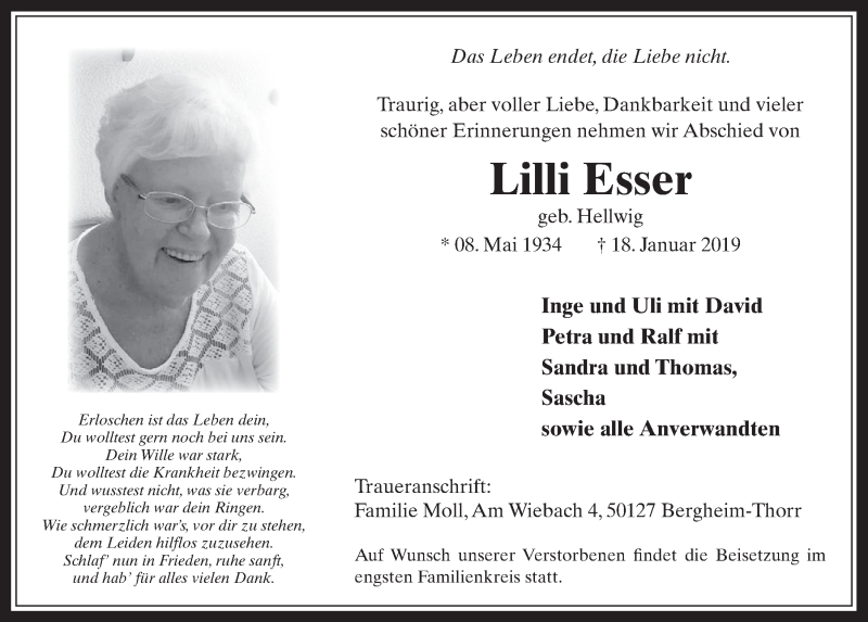  Traueranzeige für Lilli Esser vom 30.01.2019 aus  Werbepost 