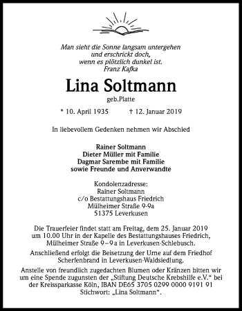 Anzeige von Lina Soltmann von Kölner Stadt-Anzeiger / Kölnische Rundschau / Express