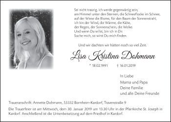 Anzeige von Lisa Kristina Dohmann von  Schlossbote/Werbekurier 