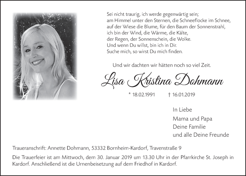  Traueranzeige für Lisa Kristina Dohmann vom 23.01.2019 aus  Schlossbote/Werbekurier 