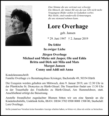 Anzeige von Lore Overhage von Kölner Stadt-Anzeiger / Kölnische Rundschau / Express