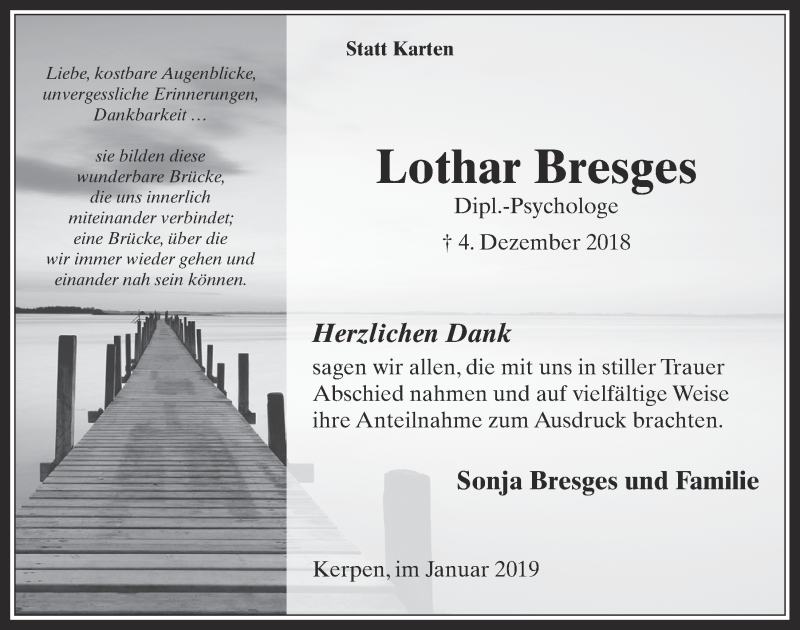  Traueranzeige für Lothar Bresges vom 09.01.2019 aus  Werbepost 