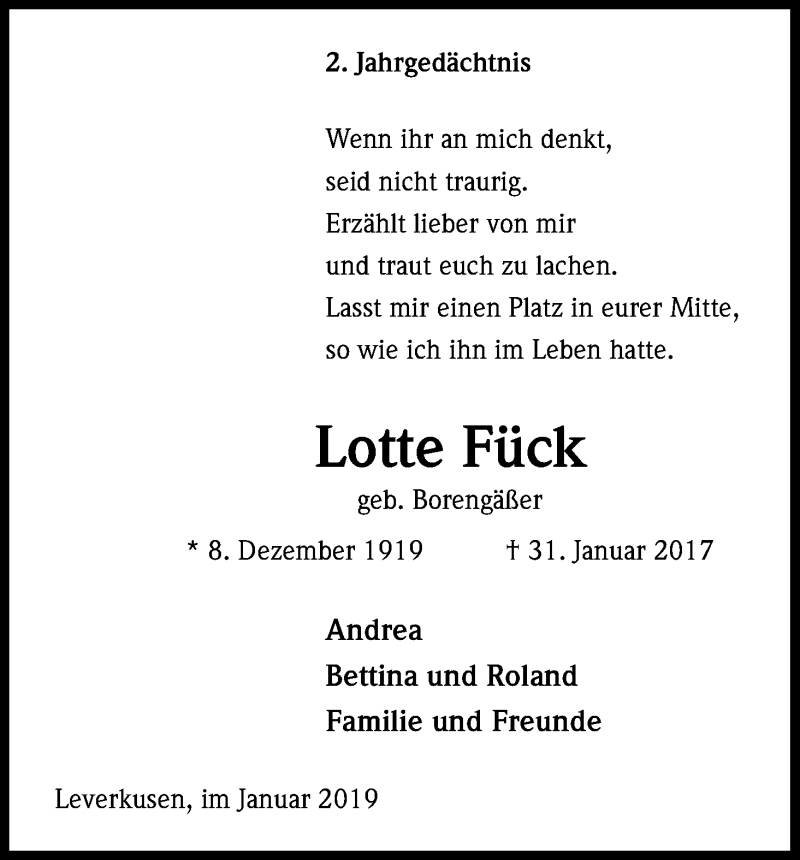  Traueranzeige für Lotte Fück vom 01.02.2019 aus Kölner Stadt-Anzeiger / Kölnische Rundschau / Express