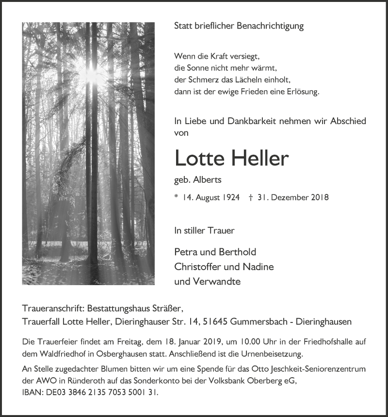  Traueranzeige für Lotte Heller vom 09.01.2019 aus  Anzeigen Echo 