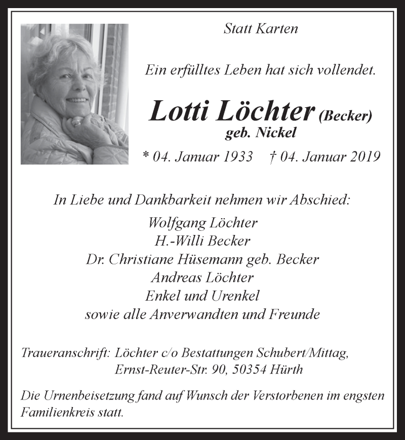  Traueranzeige für Lotti Löchter vom 23.01.2019 aus  Wochenende 
