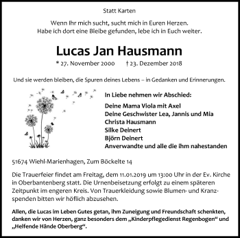 Anzeige von Lucas Jan Hausmann von Kölner Stadt-Anzeiger / Kölnische Rundschau / Express