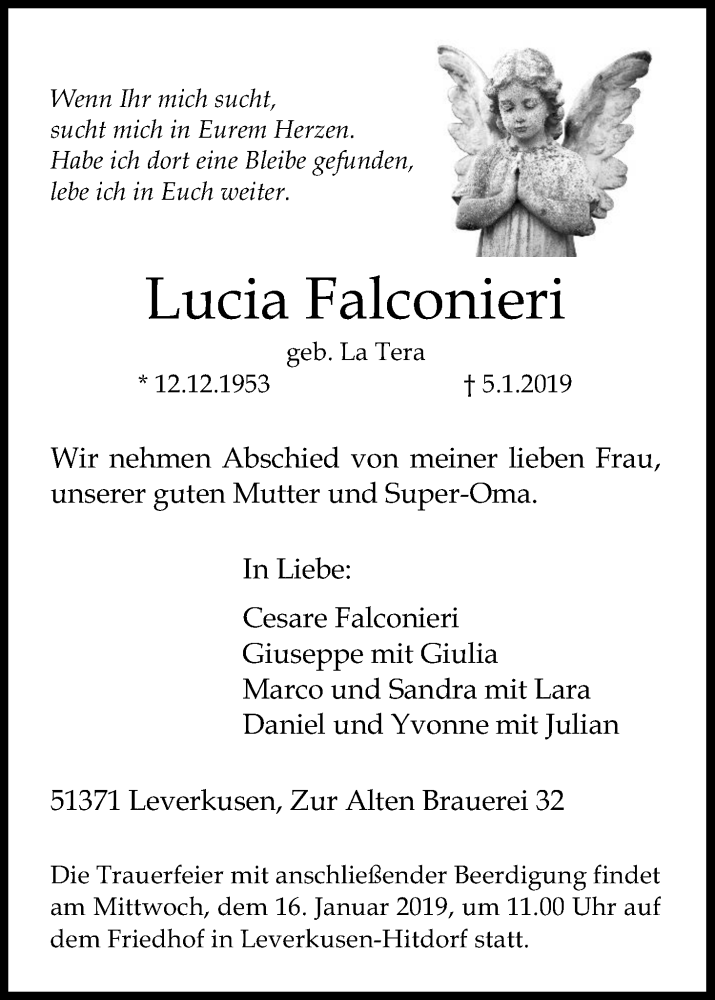  Traueranzeige für Lucia Falconieri vom 10.01.2019 aus Kölner Stadt-Anzeiger / Kölnische Rundschau / Express