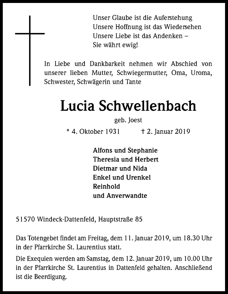  Traueranzeige für Lucia Schwellenbach vom 05.01.2019 aus Kölner Stadt-Anzeiger / Kölnische Rundschau / Express