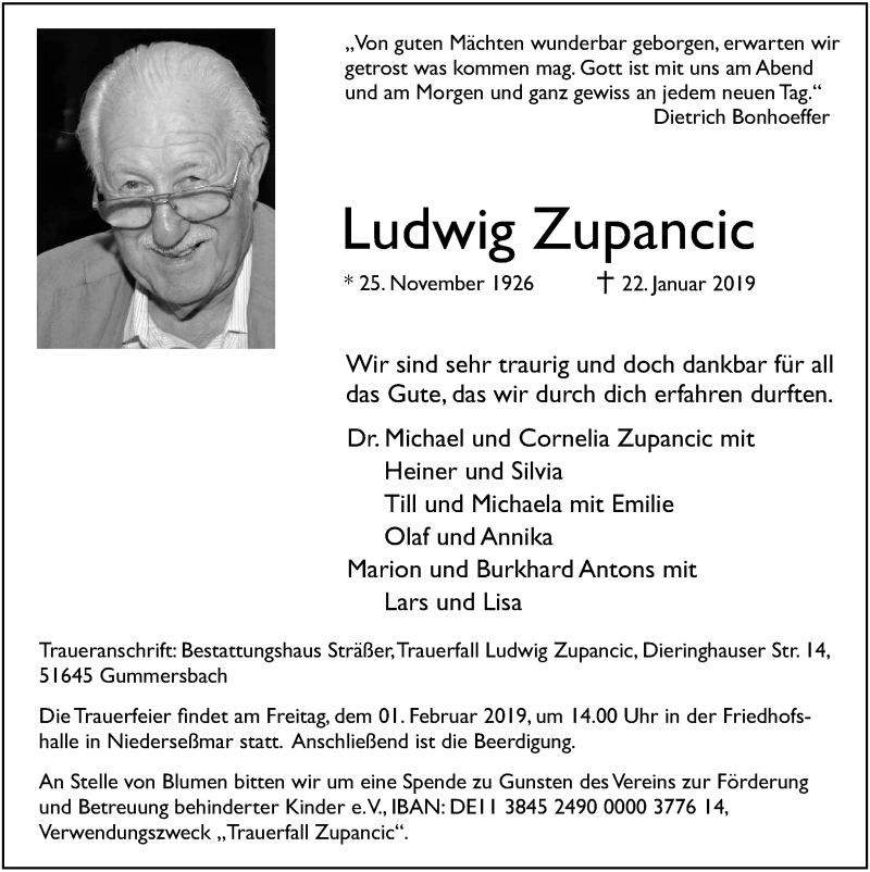  Traueranzeige für Ludwig Zupancic vom 30.01.2019 aus  Anzeigen Echo 