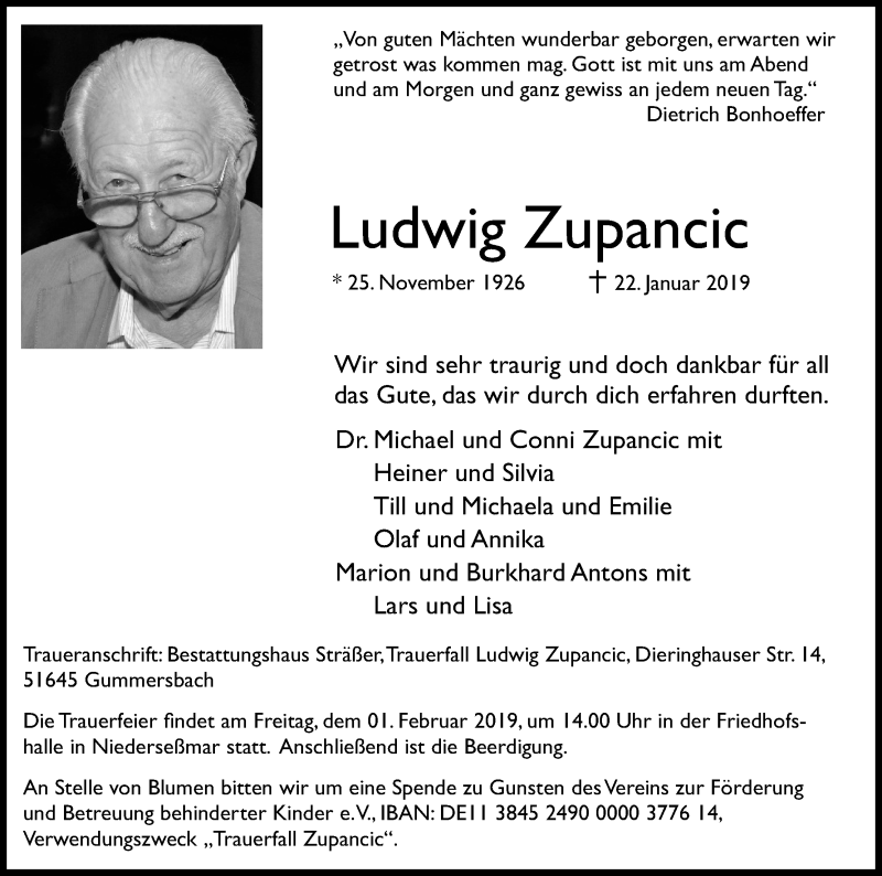  Traueranzeige für Ludwig Zupancic vom 26.01.2019 aus Kölner Stadt-Anzeiger / Kölnische Rundschau / Express