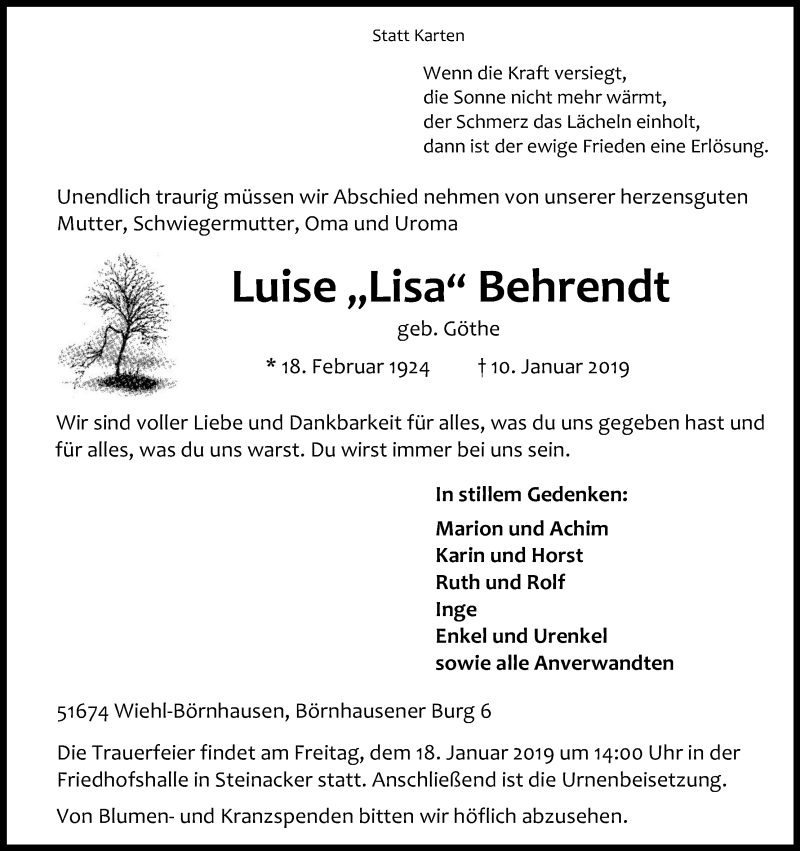  Traueranzeige für Luise  Behrendt vom 12.01.2019 aus Kölner Stadt-Anzeiger / Kölnische Rundschau / Express