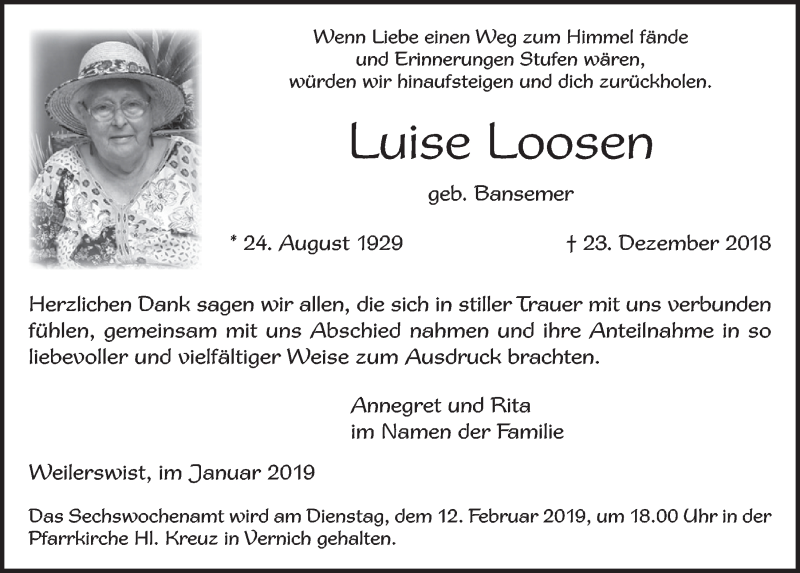  Traueranzeige für Luise Loosen vom 26.01.2019 aus  Blickpunkt Euskirchen 