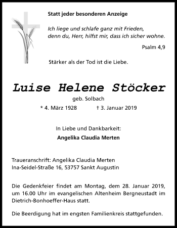 Anzeige von Luise Helene Stöcker von Kölner Stadt-Anzeiger / Kölnische Rundschau / Express