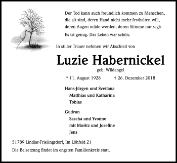 Anzeige von Luzie Habernickel von Kölner Stadt-Anzeiger / Kölnische Rundschau / Express