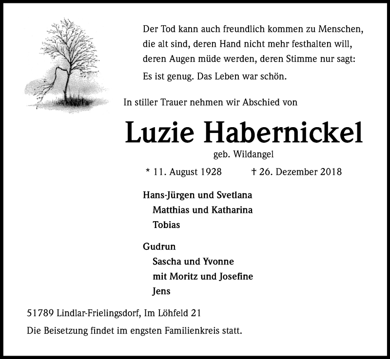  Traueranzeige für Luzie Habernickel vom 05.01.2019 aus Kölner Stadt-Anzeiger / Kölnische Rundschau / Express