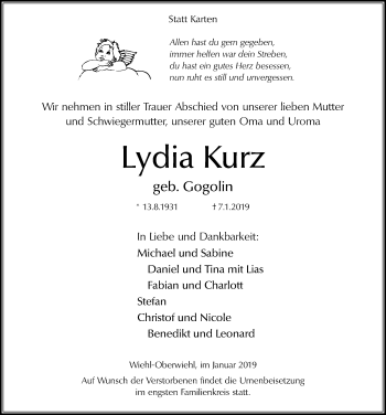 Anzeige von Lydia Kurz von  Anzeigen Echo 