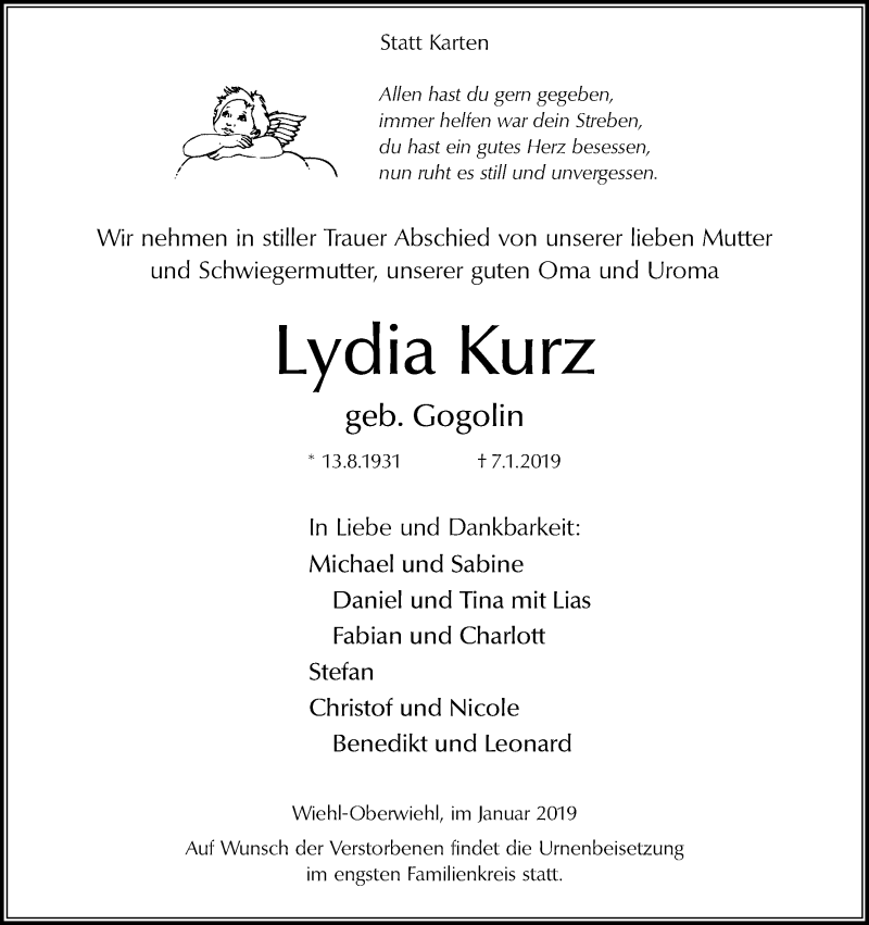  Traueranzeige für Lydia Kurz vom 19.01.2019 aus Kölner Stadt-Anzeiger / Kölnische Rundschau / Express