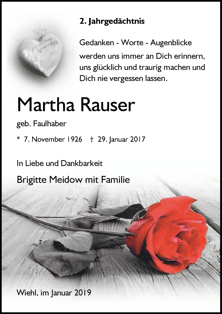  Traueranzeige für MArtha Rauser vom 30.01.2019 aus  Anzeigen Echo 