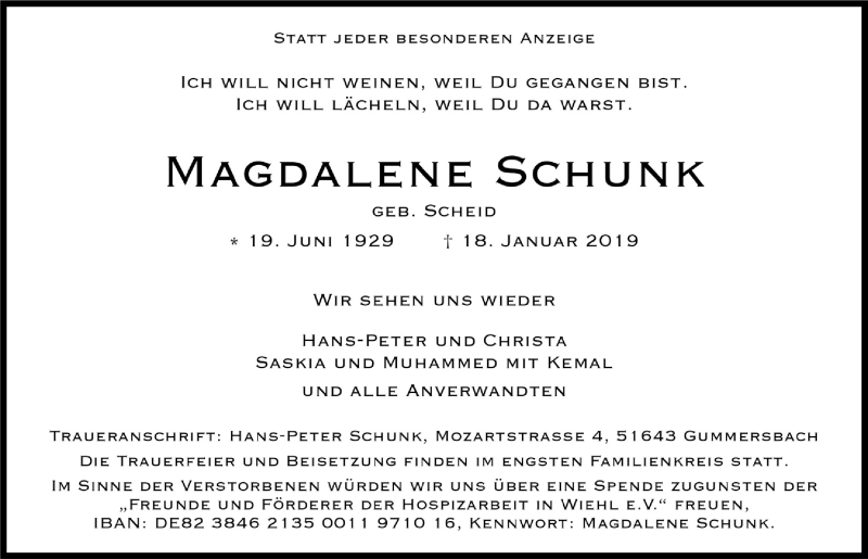  Traueranzeige für Magdalene Schunk vom 30.01.2019 aus  Bergisches Handelsblatt 