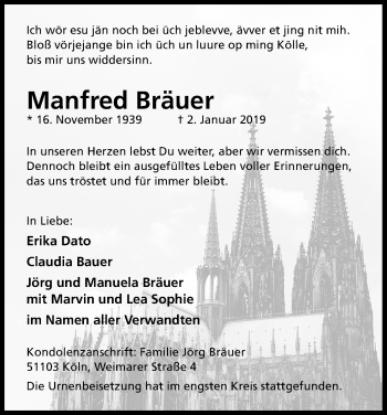 Anzeige von Manfred Bräuer von Kölner Stadt-Anzeiger / Kölnische Rundschau / Express
