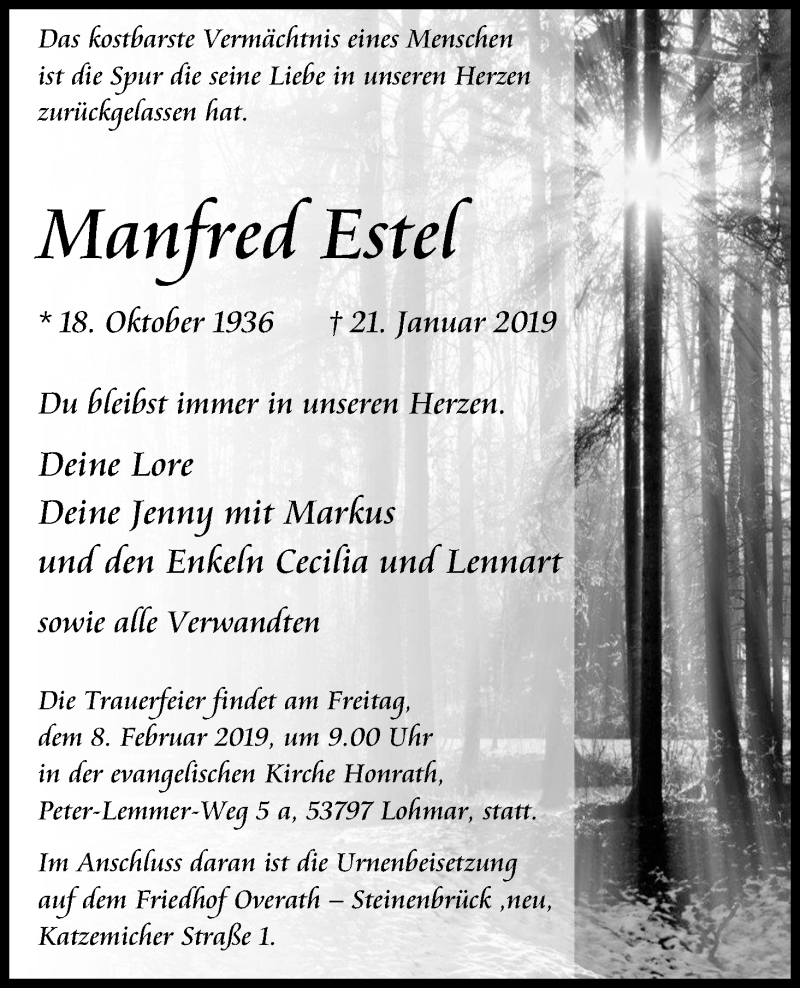  Traueranzeige für Manfred Estel vom 30.01.2019 aus Kölner Stadt-Anzeiger / Kölnische Rundschau / Express