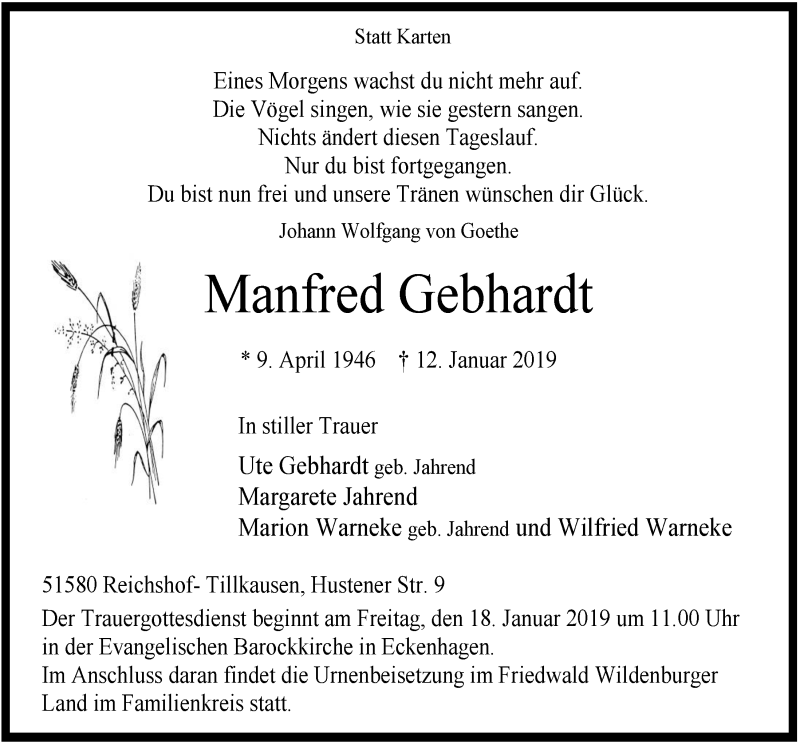  Traueranzeige für Manfred Gebhardt vom 16.01.2019 aus  Anzeigen Echo 