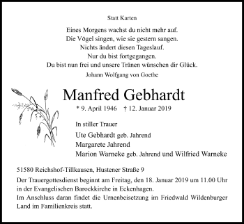 Anzeige von Manfred Gebhardt von Kölner Stadt-Anzeiger / Kölnische Rundschau / Express