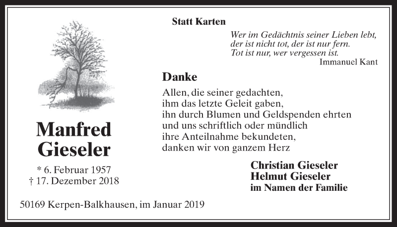  Traueranzeige für Manfred Gieseler vom 23.01.2019 aus  Werbepost 