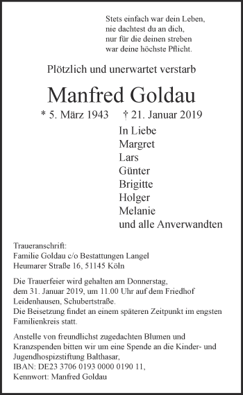 Anzeige von Manfred Goldau von  Kölner Wochenspiegel 