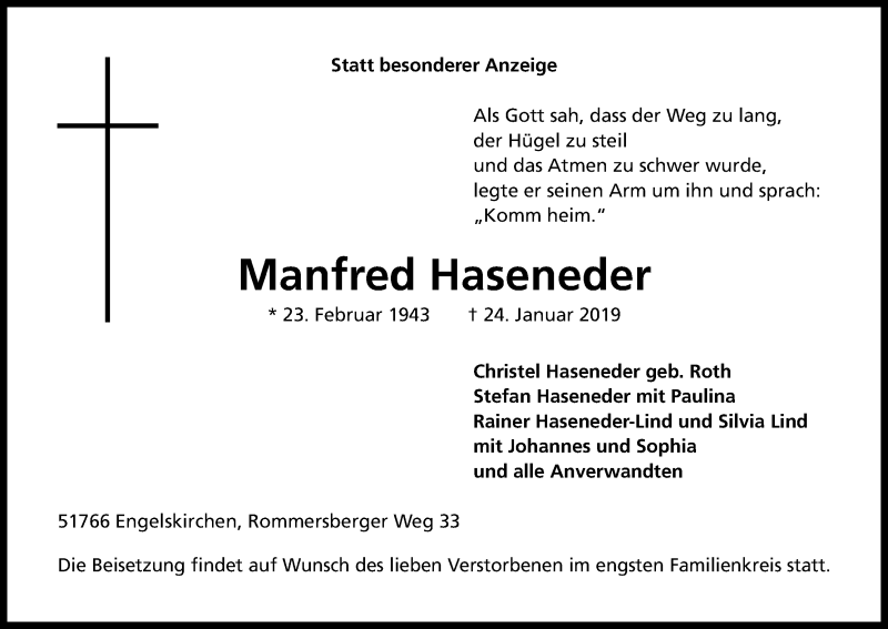  Traueranzeige für Manfred Haseneder vom 26.01.2019 aus Kölner Stadt-Anzeiger / Kölnische Rundschau / Express