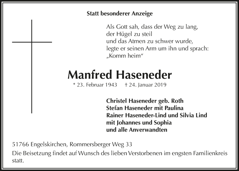  Traueranzeige für Manfred Haseneder vom 30.01.2019 aus  Anzeigen Echo 