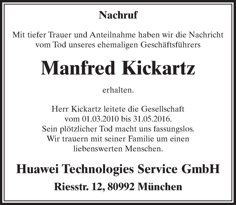  Traueranzeige für Manfred Kickartz vom 23.01.2019 aus  Schlossbote/Werbekurier 