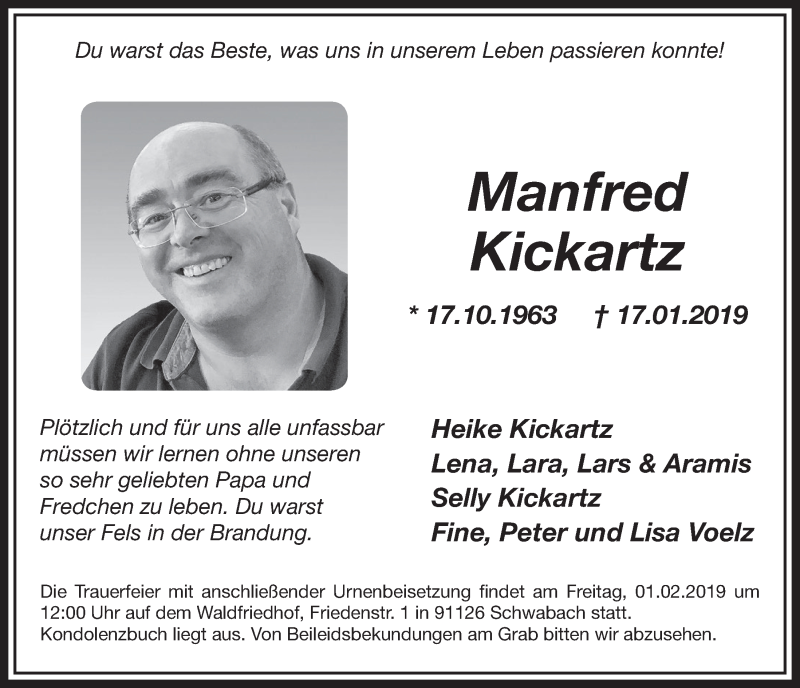  Traueranzeige für Manfred Kickartz vom 23.01.2019 aus  Schlossbote/Werbekurier 