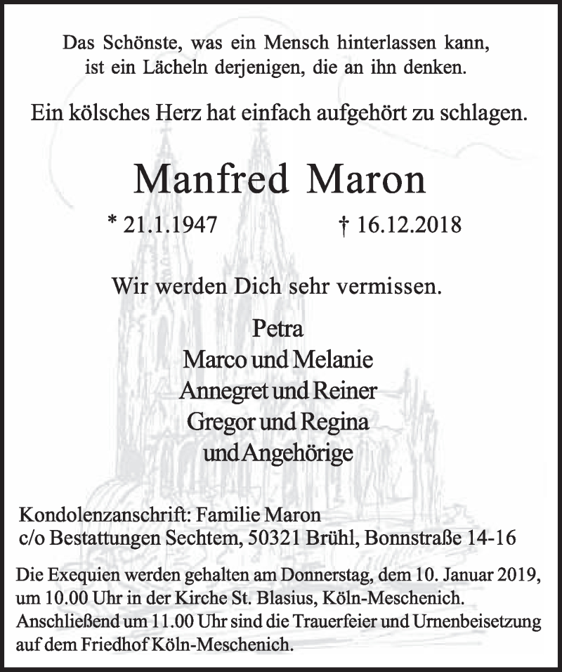  Traueranzeige für Manfred Maron vom 02.01.2019 aus  Schlossbote/Werbekurier 