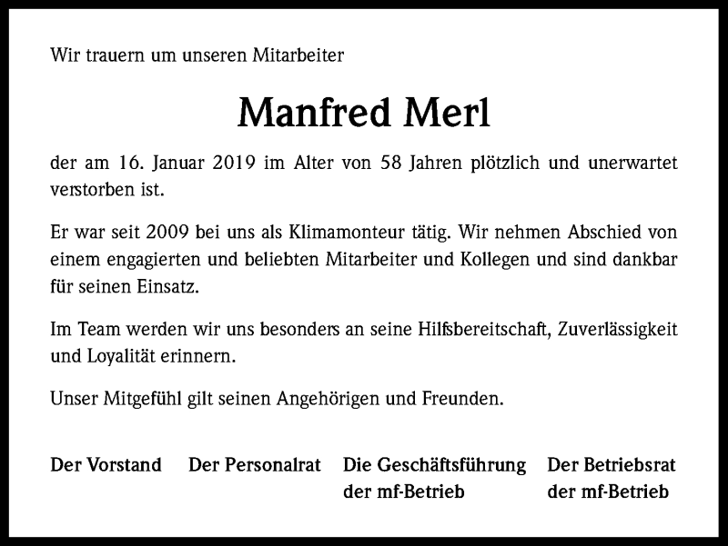  Traueranzeige für Manfred Merl vom 26.01.2019 aus Kölner Stadt-Anzeiger / Kölnische Rundschau / Express