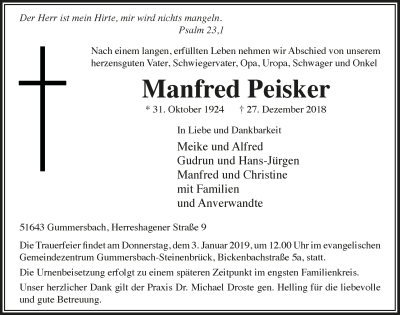  Traueranzeige für Manfred Peisker vom 02.01.2019 aus  Anzeigen Echo 