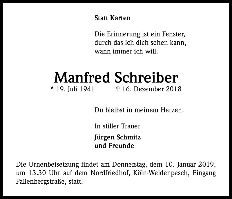 Traueranzeige für Manfred Schreiber vom 05.01.2019 aus Kölner Stadt-Anzeiger / Kölnische Rundschau / Express