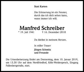 Anzeige von Manfred Schreiber von Kölner Stadt-Anzeiger / Kölnische Rundschau / Express