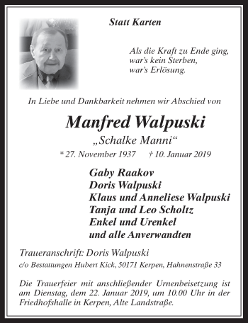 Anzeige von Manfred Walpuski von  Werbepost 