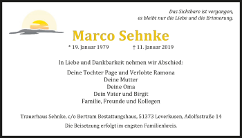 Anzeige von Marco Sehnke von  Leverkusener Wochenende 