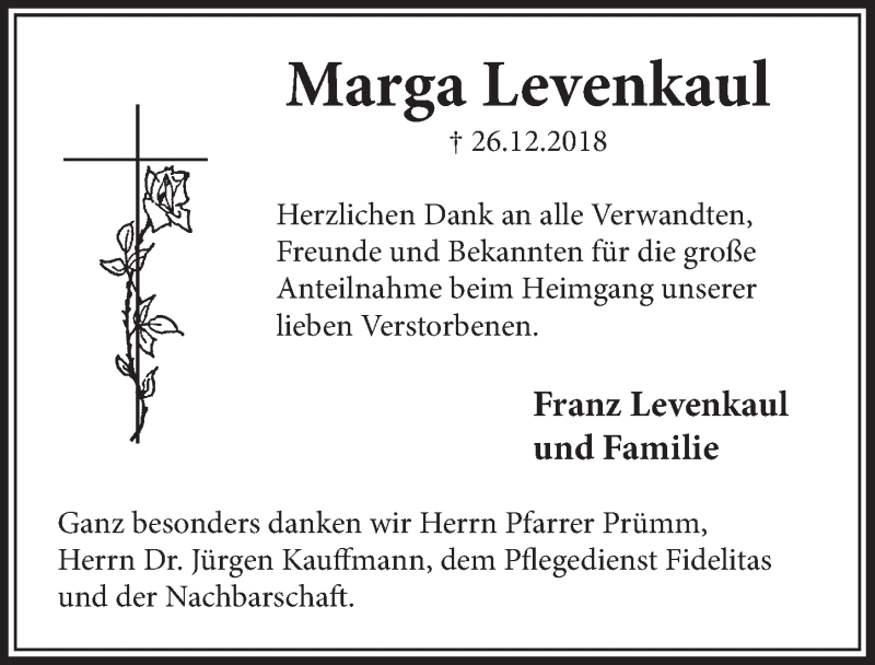  Traueranzeige für Marga Levenkaul vom 16.01.2019 aus  Schlossbote/Werbekurier 