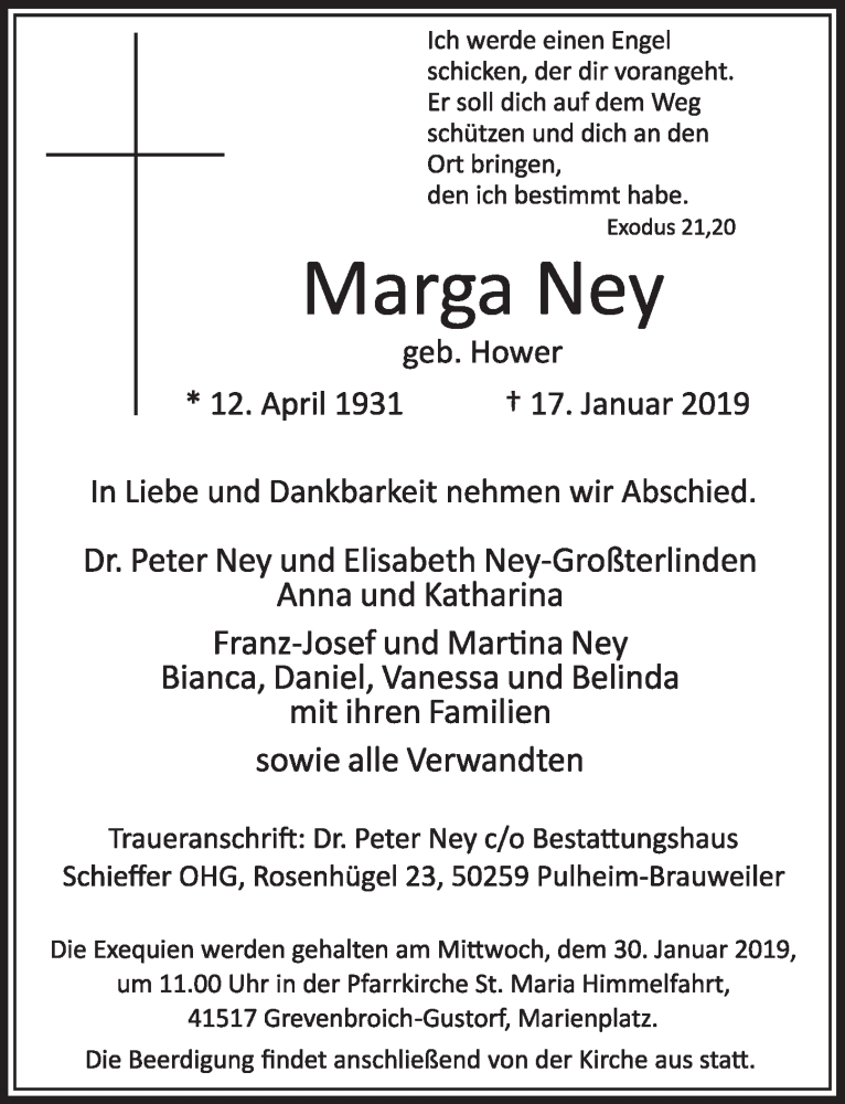  Traueranzeige für Marga Ney vom 26.01.2019 aus  Sonntags-Post 