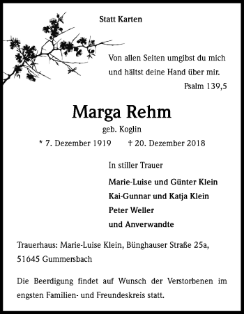 Anzeige von Marga Rehm von Kölner Stadt-Anzeiger / Kölnische Rundschau / Express