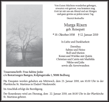 Anzeige von Marga Rixen von  Sonntags-Post 